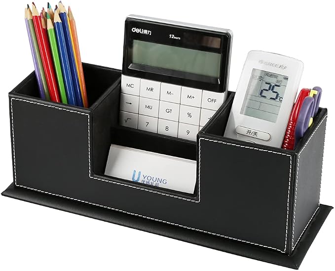 KINGFOM Office Supplies Desk Organizer PU Leather Storage Box 4 Divided - Image 2