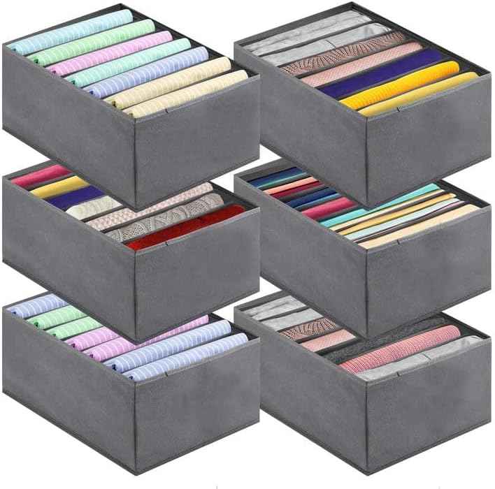 6 PACK Jeans Organizers for Closet, Foldable Wardrobe Clothes Organizer, Stackable Closet Clothes Drawer Organizer Tshirts with 7 Grids for Leggings, Sweater, Jean, Pants, Grey