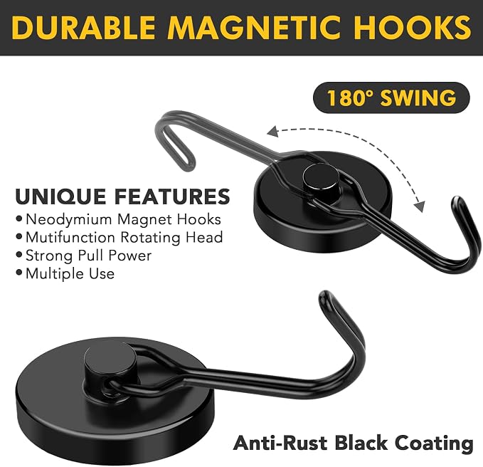 MIKEDE Magnetic Hooks, 110LB Heavy Duty Neodymium Black Magnet Hooks, Strong - Image 3
