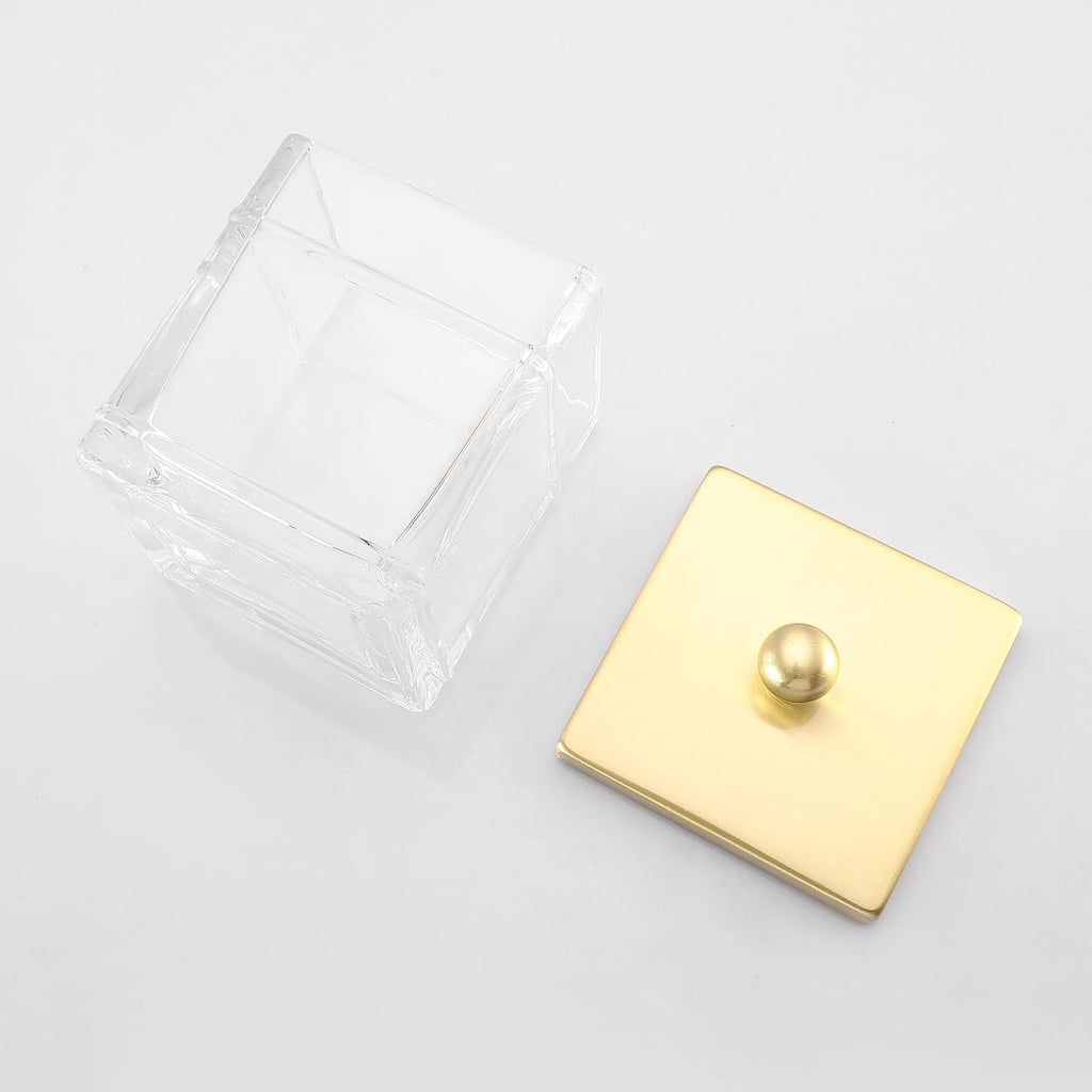 Glass Cotton Jar Holder 2 Pack– Brushed Gold Lid, Elegant Bathroom