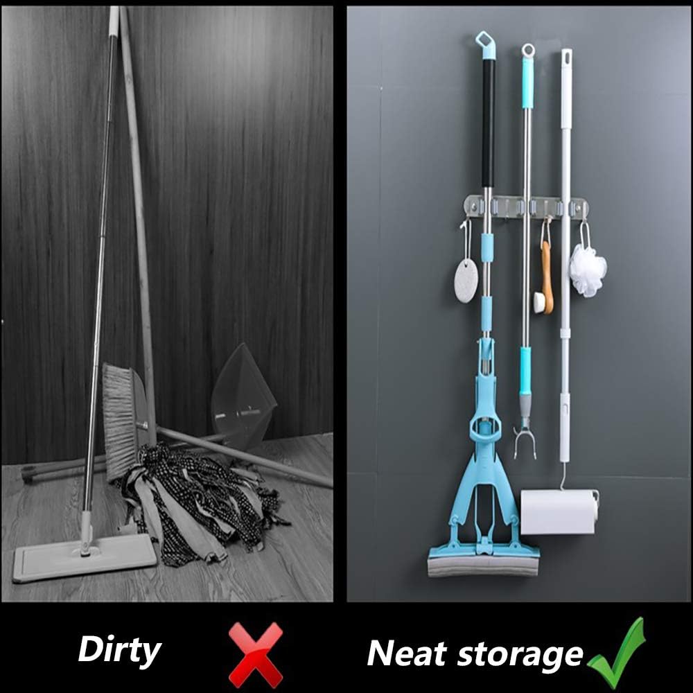4 PCS Broom Holder Wall Mount with 3 Racks 4 Hooks, Stainless Steel