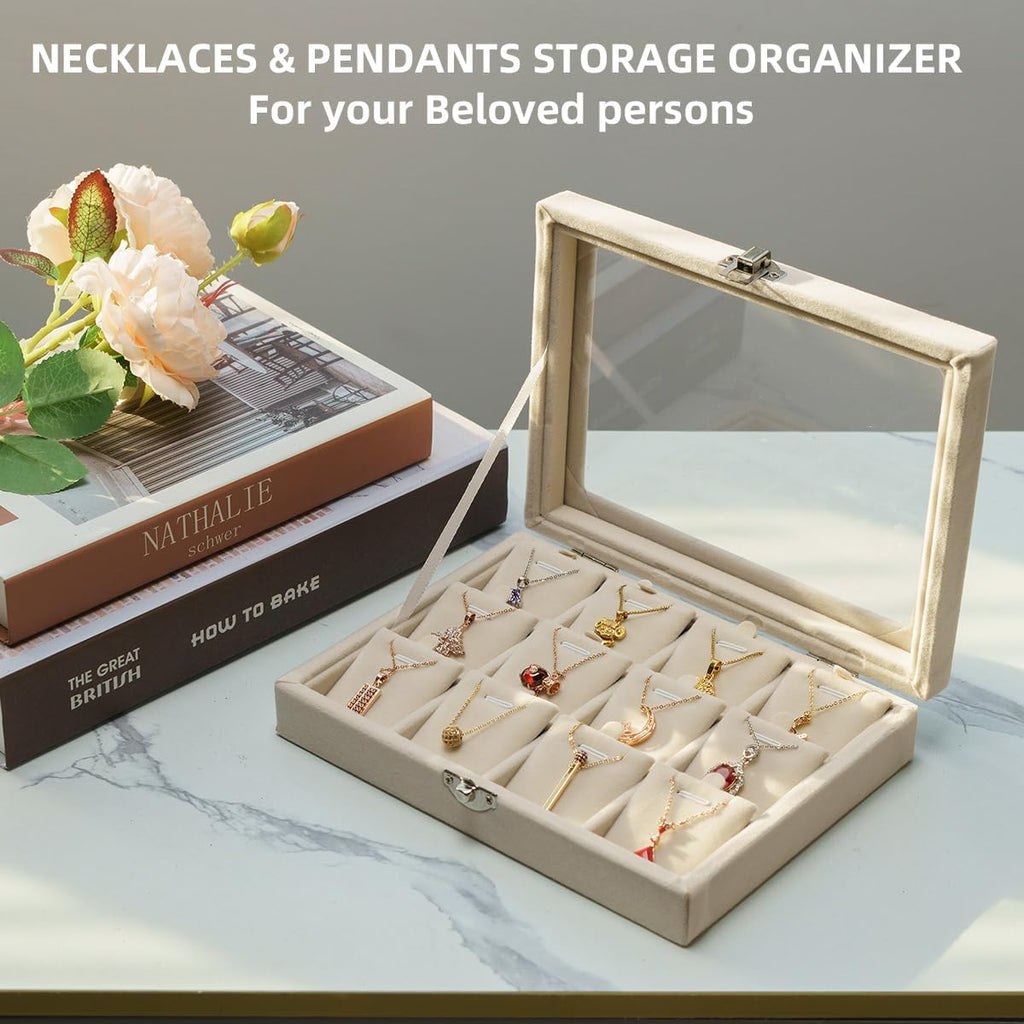 Jewelry Box Necklaces Organizer Beige 12 Slots, Pendants Display for