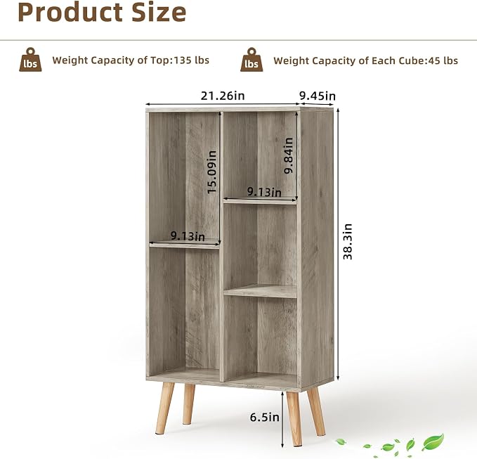 5 Cube Small Bookshelf, 3 Tier Mid-Century Modern Bookcase - Image 2