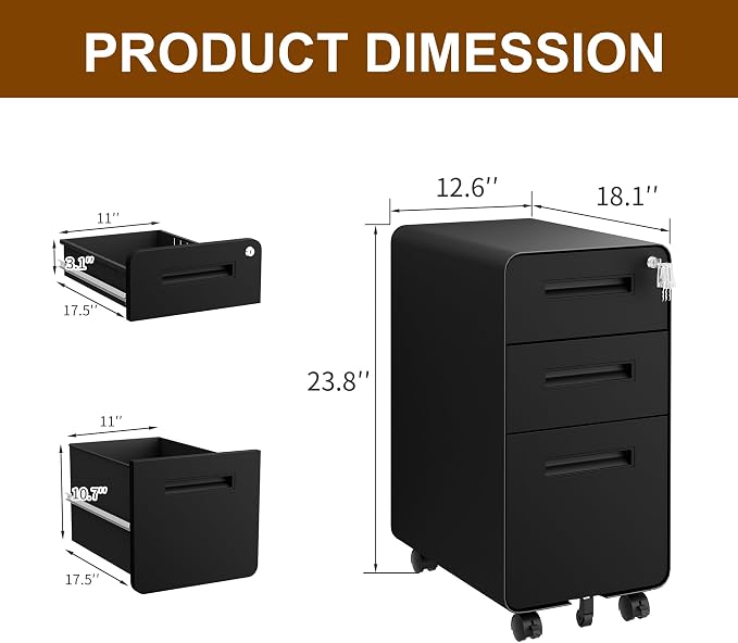 3 Drawer File Cabinet with Lock and 4 Keys, Mobile Metal Filing Cabinet - Image 3