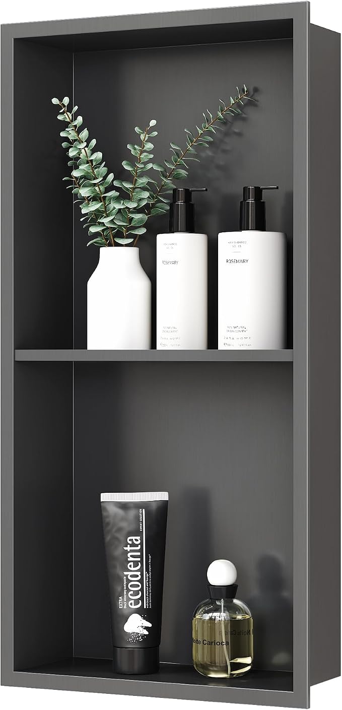 Stainless Steel Shower Niche 24" X 12", No Tile Needed Wall Niche Double Shelves by Qeke