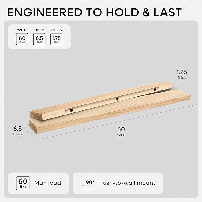 Homeforia 60 inch Natural Floating Shelf, High End Solid Real Wood 60inch Small - Image 2