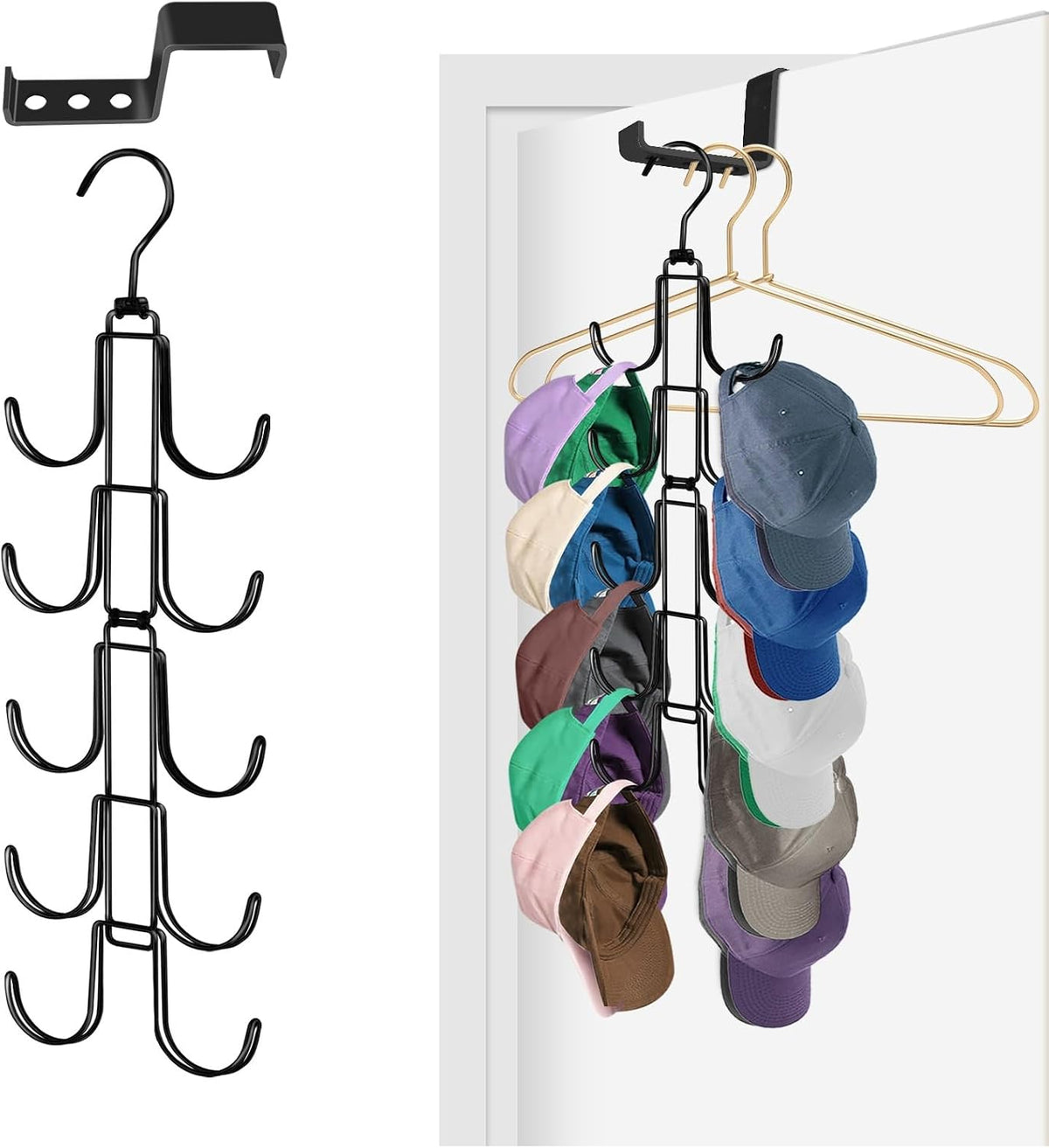 Hat Organizer for Closet: Collapsible Caps Rack with 10 Large Hooks