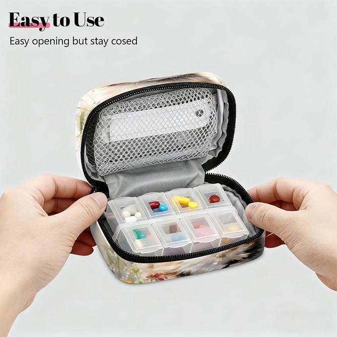 Watercolor Lovely Cat Flower Pill Organizer Travel Medicine Case - Image 3