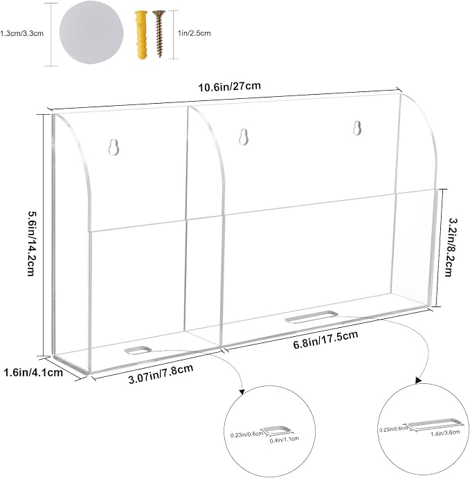 Yeeco Acrylic Remote Holder Wall Mount 2 Compartment, 10.6×1.6×5.6 Inches Wall - Image 3