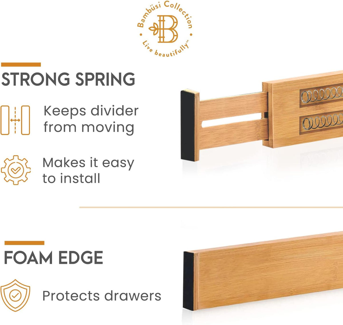 4-Pack Bamboo Drawer Dividers - 2.6 Inches High, Adjustable 12 to