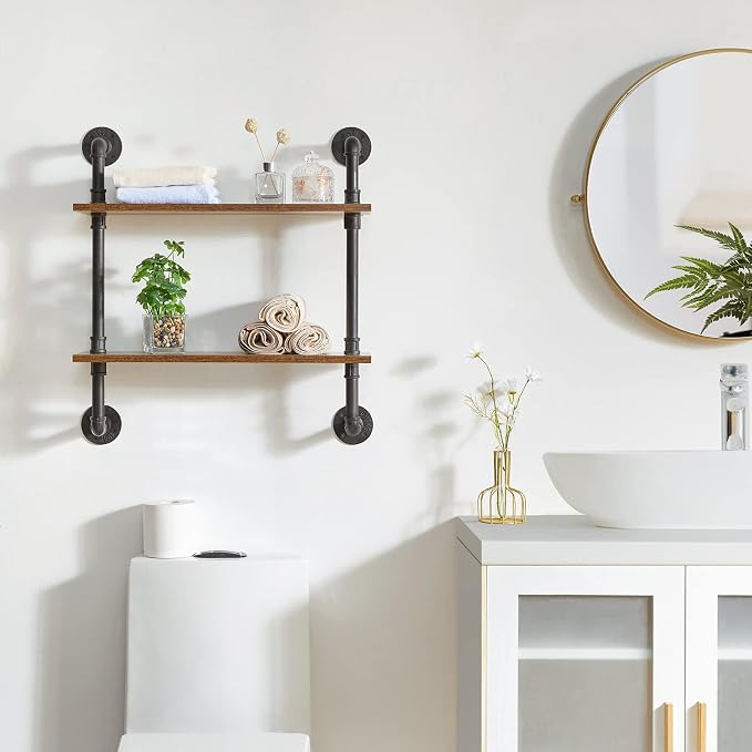 YMYNY Industrial Pipe Shelf Bracket, 2 Tiers Retro Wall Mounted Floating Shelf - Image 2
