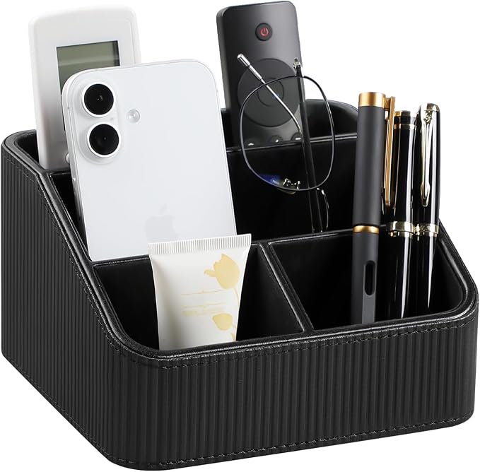 Remote Control Holder with 4 Compartments, PU Leather Small Nightstand Organizer by Cretkhp