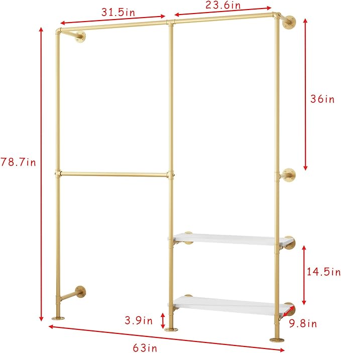 Gold Pipe Clothes Racks with White Shelves, Industrial Pipe Gold Clothing Rack - Image 3