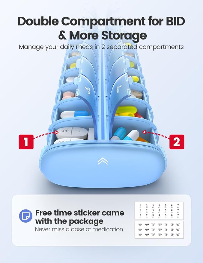 Vaydeer 7 Day Weekly Pill Organizer 2 Times a Day, Metal Am Pm Travel Pill Case - Image 4