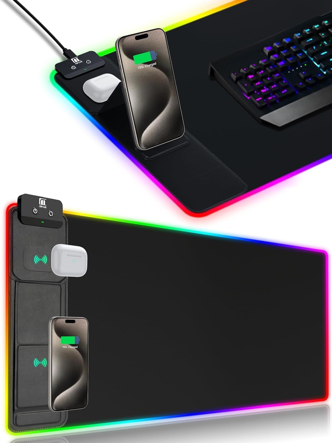 XXL Mouse Pad with Phone Holder - Black, RGB Desk Mat with 15W Fast