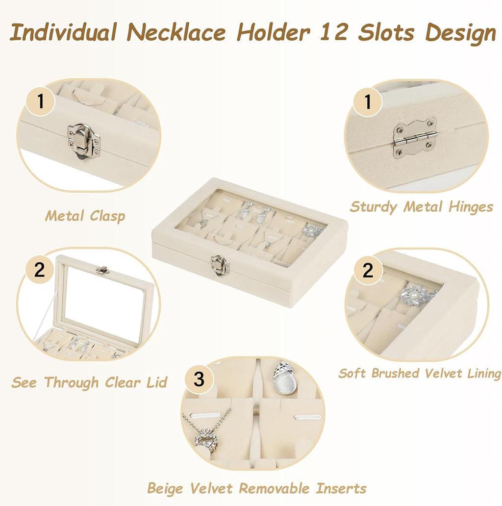 Jewelry Box Necklaces Organizer Beige 12 Slots, Pendants Display for