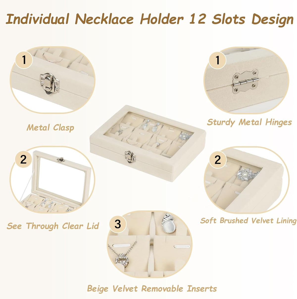 Jewelry Box Necklaces Organizer Beige 12 Slots, Pendants Display for