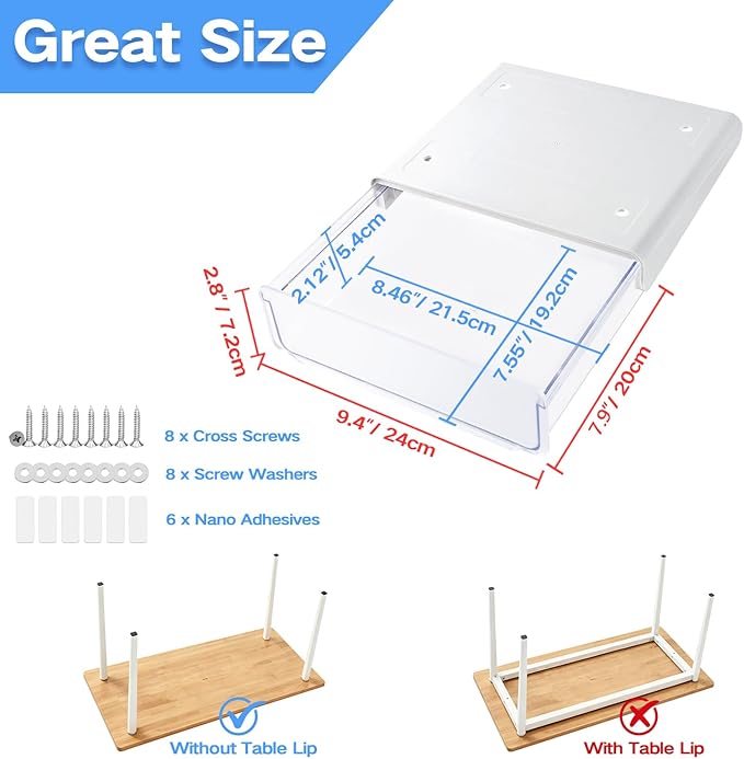 Self-adhesive Under Desk Drawer Organizer, 2 Pack Table Hidden Slide Out Large - Image 6
