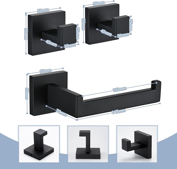 3PCS Bathroom Hardware Set, Matte Black Toilet Paper Holder, 2 Square Towel - Image 2