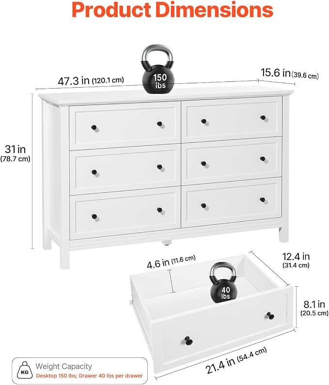 VEVOR 6 Drawer White Dresser, Wood Dresser Chest of Drawers - Image 3