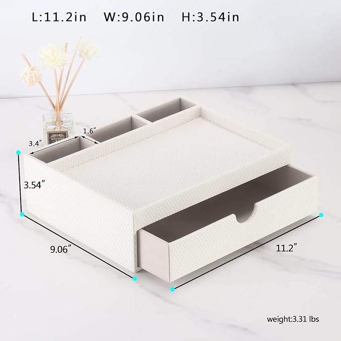 Leather Desk Organizer With Drawers, Home Cosmetics & Phone Remote Organizer - Image 2