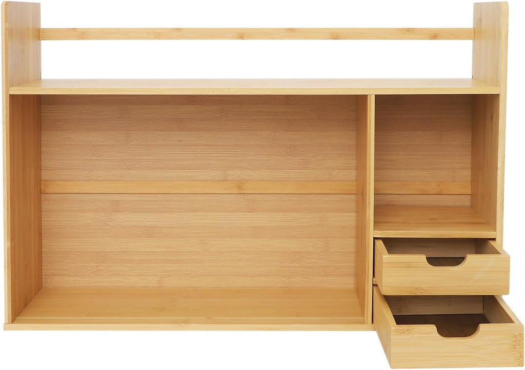 Bamboo Desktop Bookshelf 2-Tier Short Bookshelf with 2 Drawers Desk