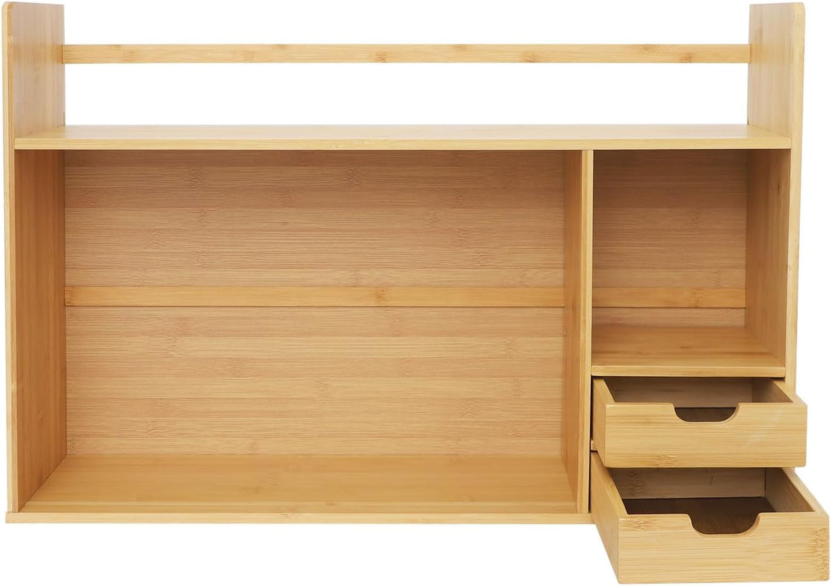 Bamboo Desktop Bookshelf 2-Tier Short Bookshelf with 2 Drawers Desk