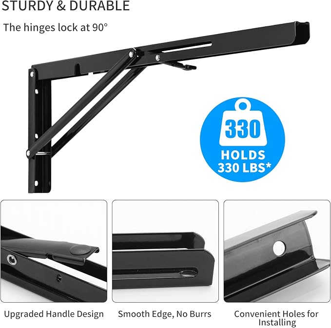 YUMORE Folding Shelf Brackets, 20 Inch Heavy Duty L Bracket, Max Load: 330lb - Image 4
