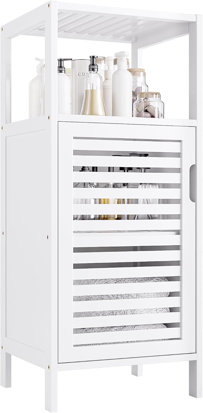 HITNET Bamboo Bathroom Storage Cabinet, 4 Tier Small White Floor Cabinet by HITNET