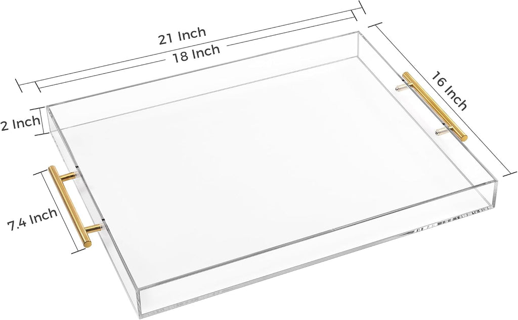 Large Clear Acrylic Serving Tray (16×18 Inches) with Gold Handles