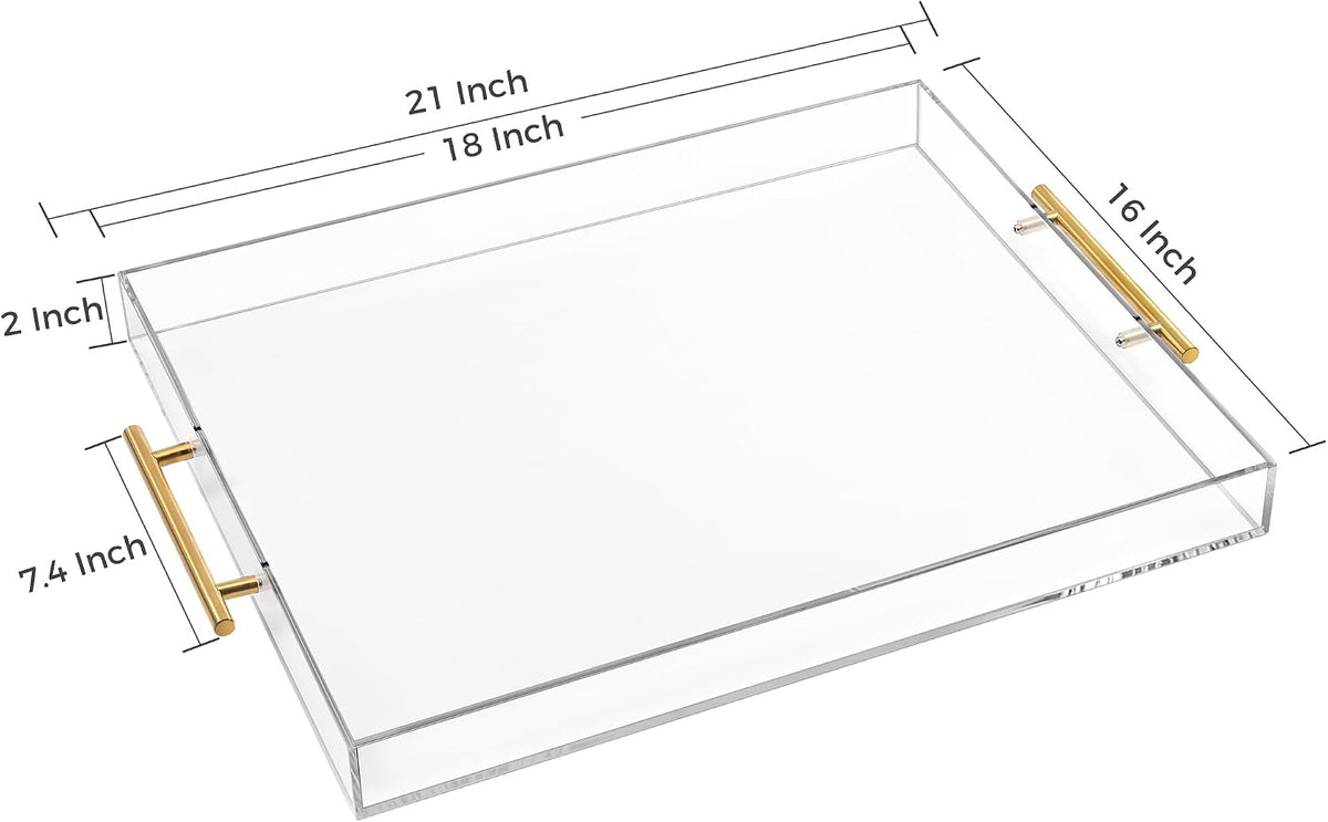 Large Clear Acrylic Serving Tray (16×18 Inches) with Gold Handles