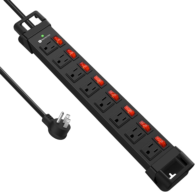 Heavy Duty Power Strip with Individual Switches, 8 Outlets 14 Gauge Industrial by HEZI