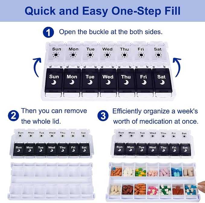 HRX Package Pill Organizer 2 Times a Day, Easy Fill & Open Weekly Medicine Box - Image 2