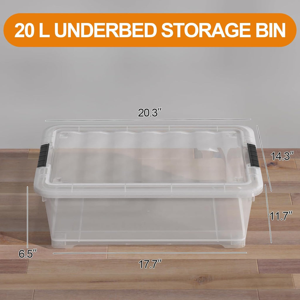 Saedy 4 Packs Plastic Under Bed Shallow Storage Box with Wheels 20 L