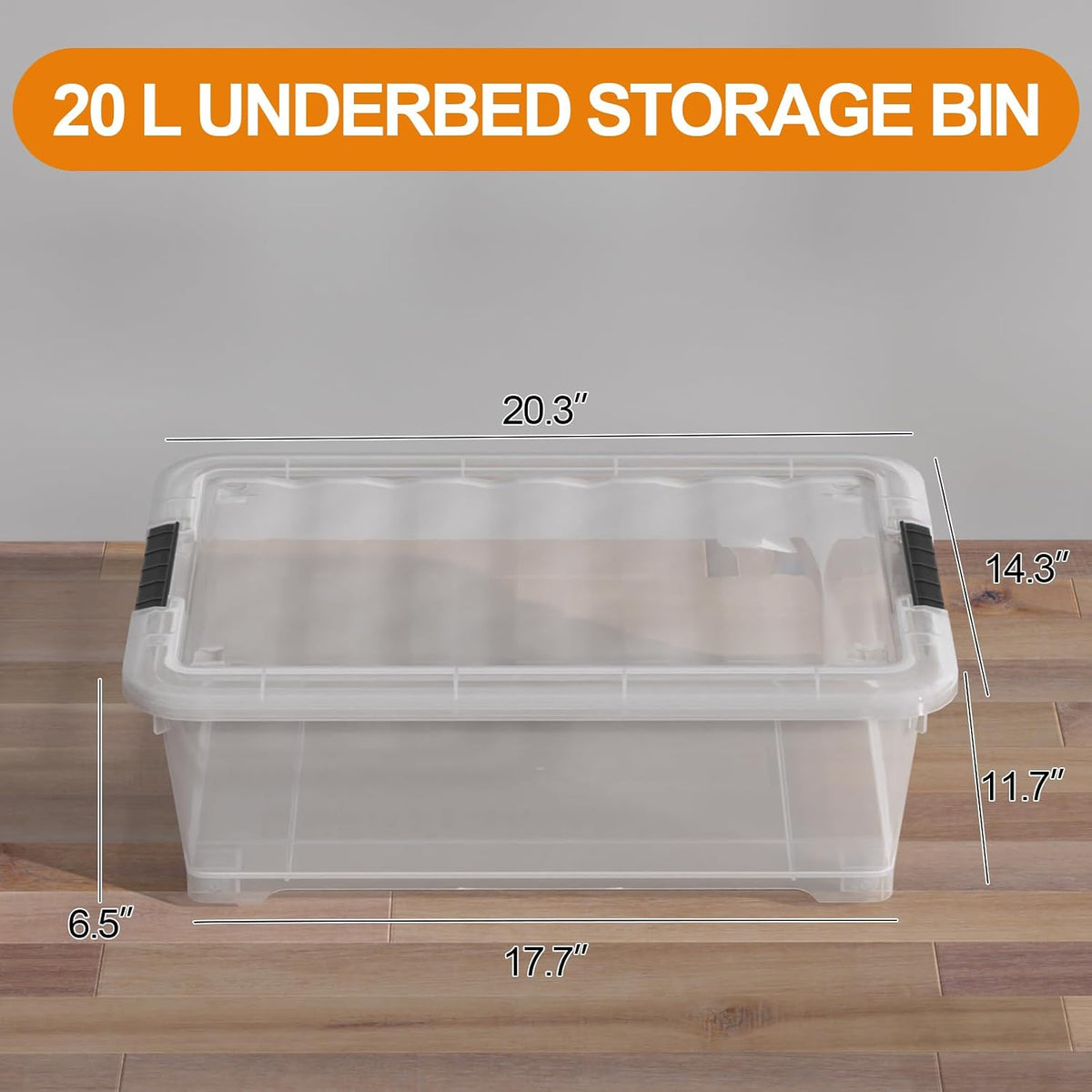 Saedy 4 Packs Plastic Under Bed Shallow Storage Box with Wheels 20 L
