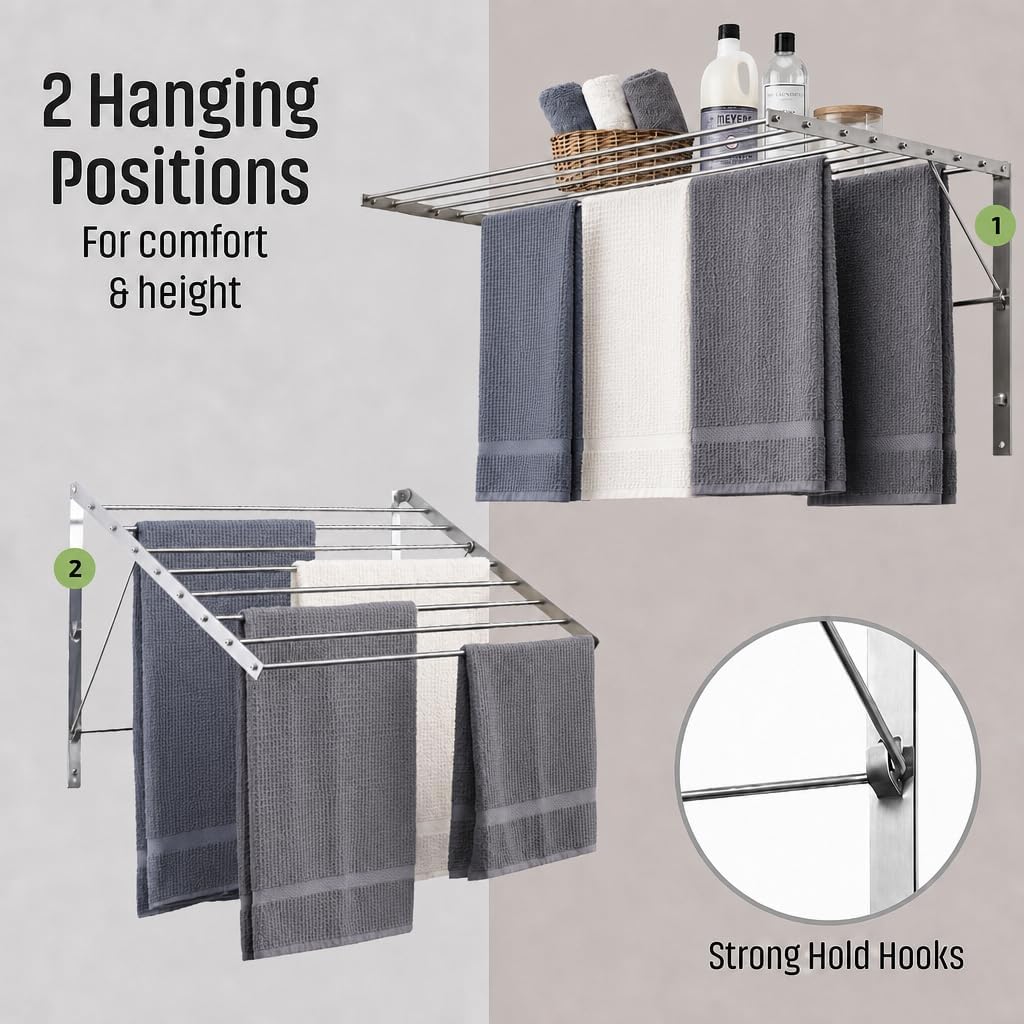 Wall Mounted Clothes Drying Rack, 22" Wide