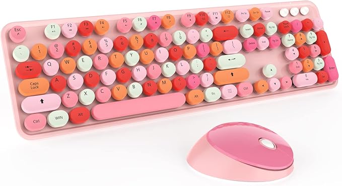 KOOTOP Cute Pink Wireless Keyboard and Mouse, 2.4G Retro Round Keycap by Kootop