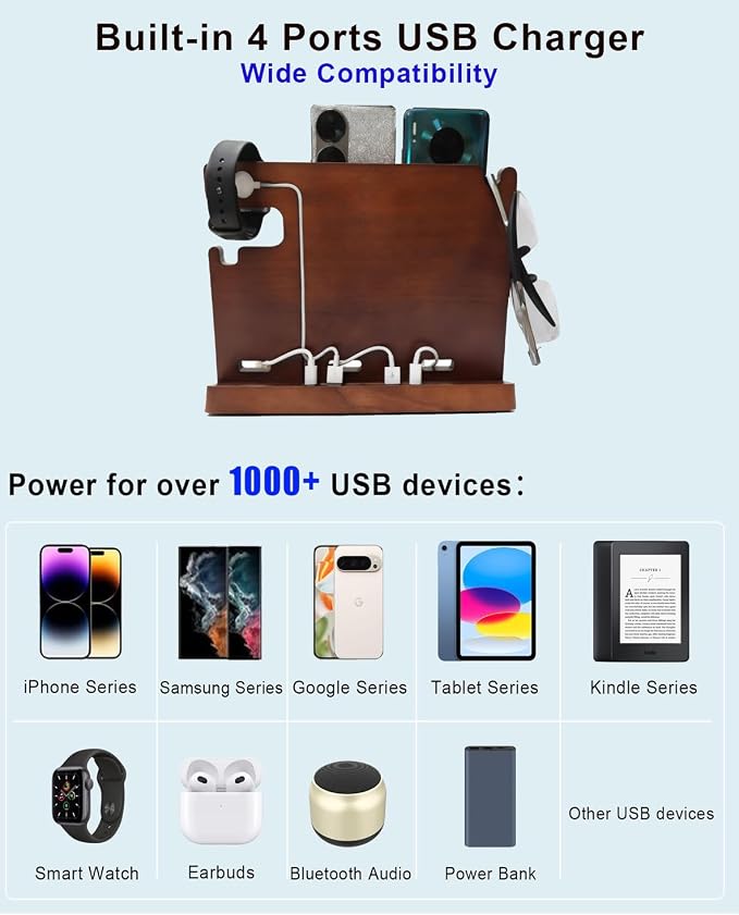 Wood Phone Docking Station for Men Nightstand Organizer Charger - Image 3