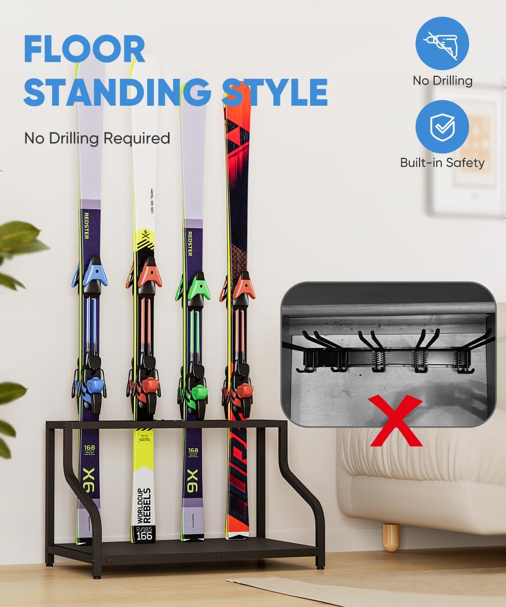 Mondazie Ski Storage Rack for Garage, 4 Pair Black
