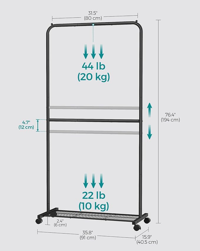 SONGMICS Clothes Rack with Wheels, Double-Rod Clothing Rack - Image 7