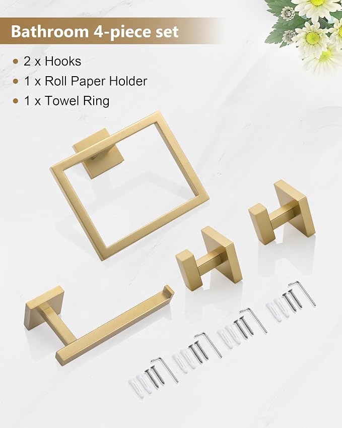 Brushed Gold Bathroom Hardware Set 4 Pieces, Toilet Paper Holder Set SUS304 - Image 5