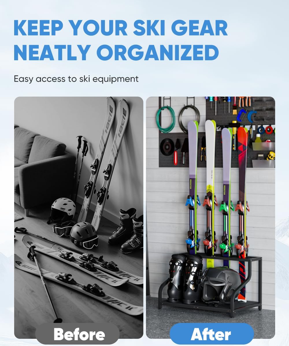 Mondazie Ski Storage Rack for Garage, 4 Pair Black