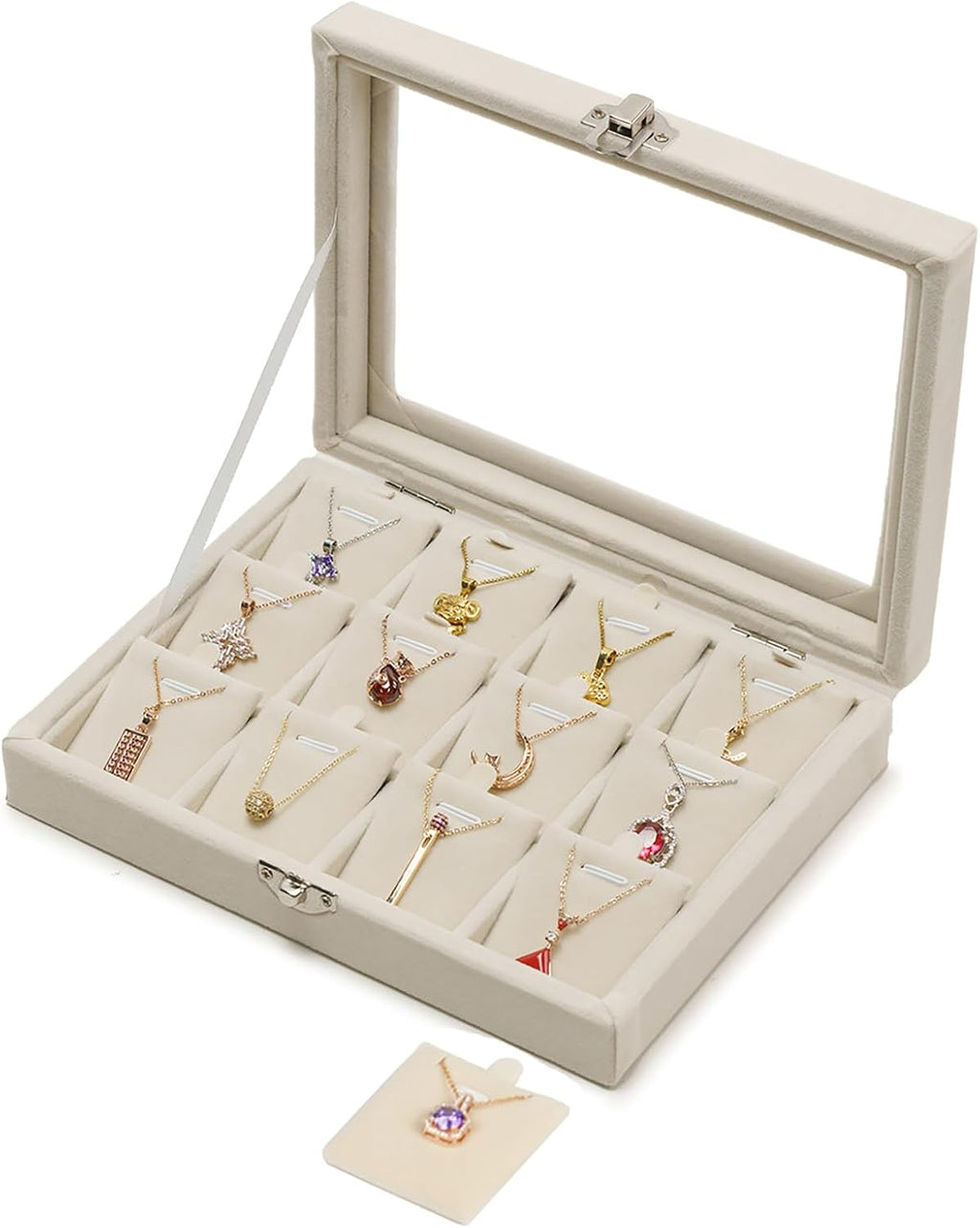 Jewelry Box Necklaces Organizer Beige 12 Slots, Pendants Display for