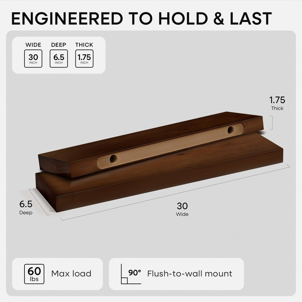 Homeforia 30 Inch Floating Shelves, High-End Solid Pine Wood, Set of 2