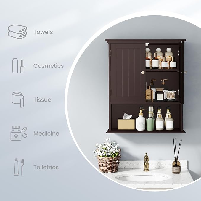 Tangkula Bathroom Wall Cabinet, Wooden Hanging Storage Cabinet - Image 8