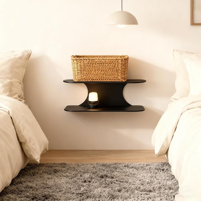 Simple Metal Floating Nightstands Set of 2, Wall Mounted Black Bedside Shelf - Image 4