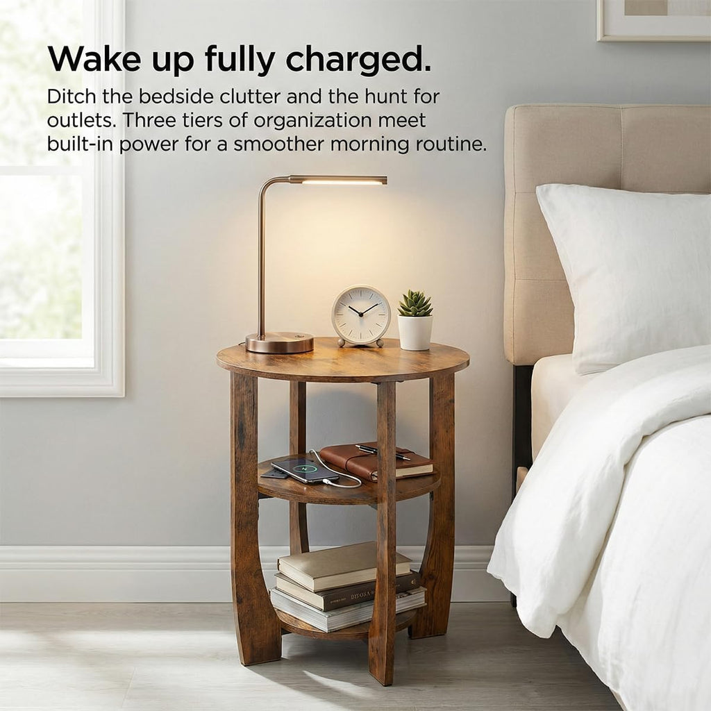 Round Side Table with Charging Station,19.7" D,Rustic Brown