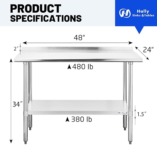 Hally Stainless Steel Table for Prep & Work 24 x 48 Inches, NSF Commercial - Image 3
