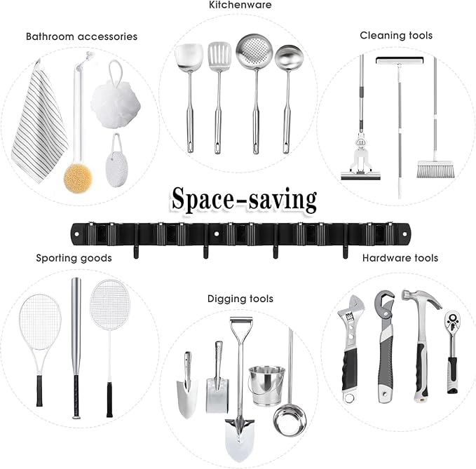 Black 5 Racks and 4 Hooks Mop and Broom Holder Wall Mount, Broom Organizer - Image 7