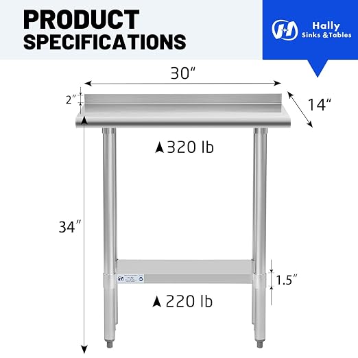 Hally Stainless Steel Table for Prep & Work 14 x 30 Inches, NSF Commercial - Image 2